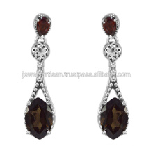 Boucles d&#39;oreilles en argent sterling 925 en quartz fumé et en grenat fumé